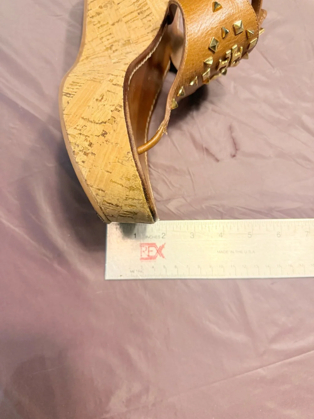Tory Burch Cognac Leather Platform Cork Wedge Thong Sandals Gold Studs Size 10.5